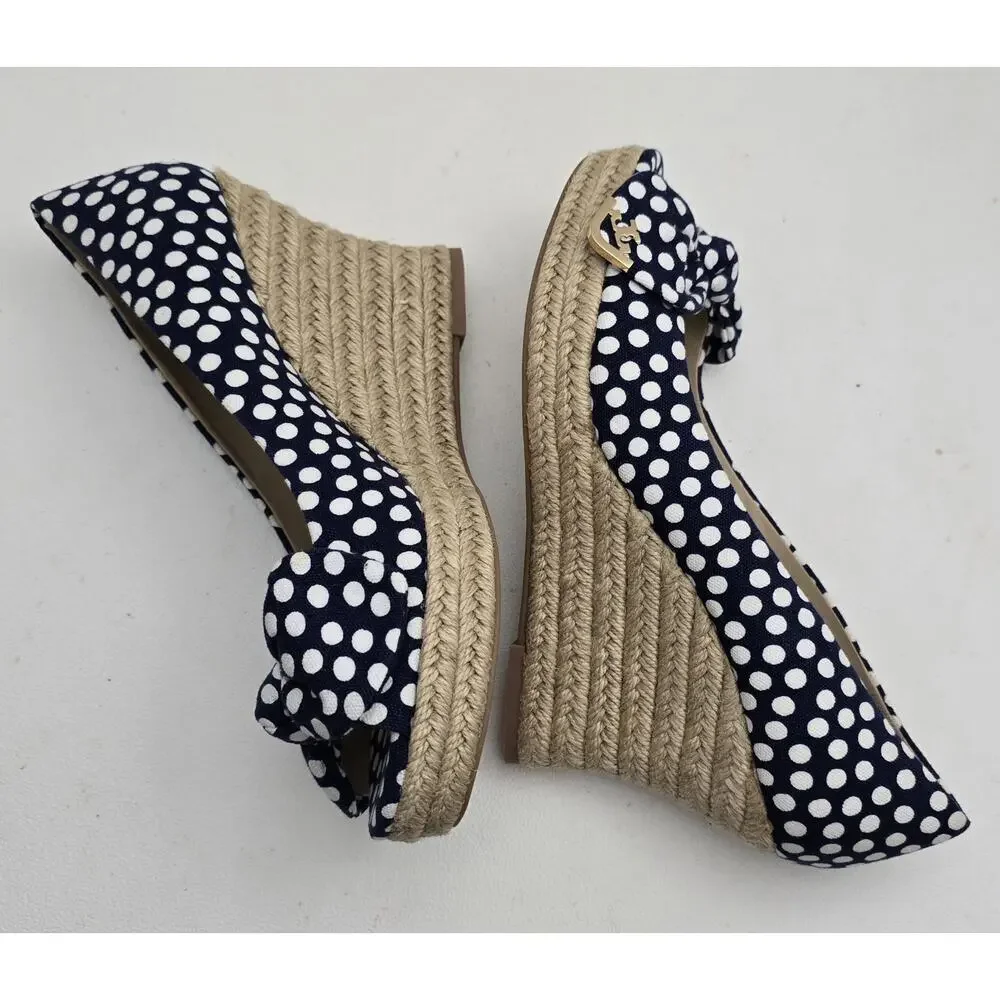 Tory Burch Dory Navy/White Polka Dot Wedge Espadrille Women's Bow Peep Toe Sz 9 - Picture 6 of 10